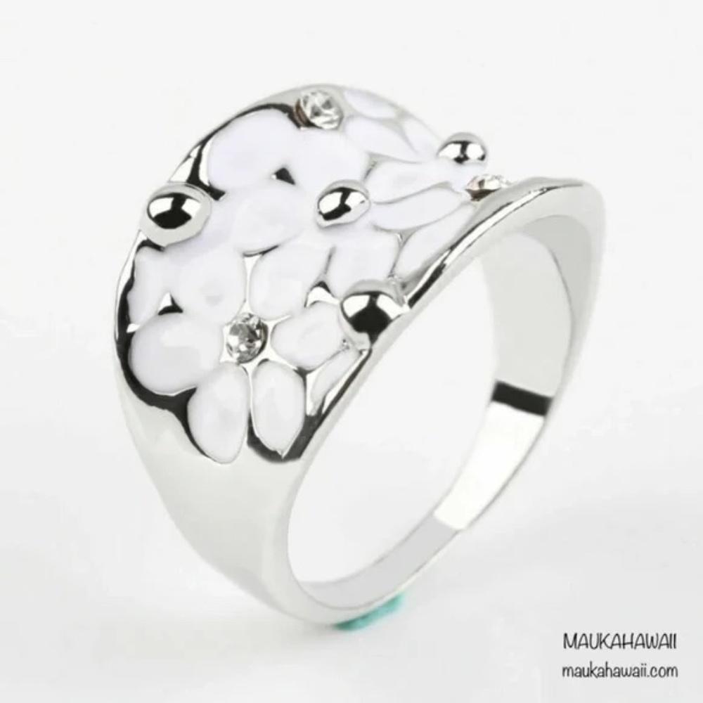 White Enamel & Beaded Silver Orchid Lotus Daisy Peace Flower Ring 7 8 1/2 10